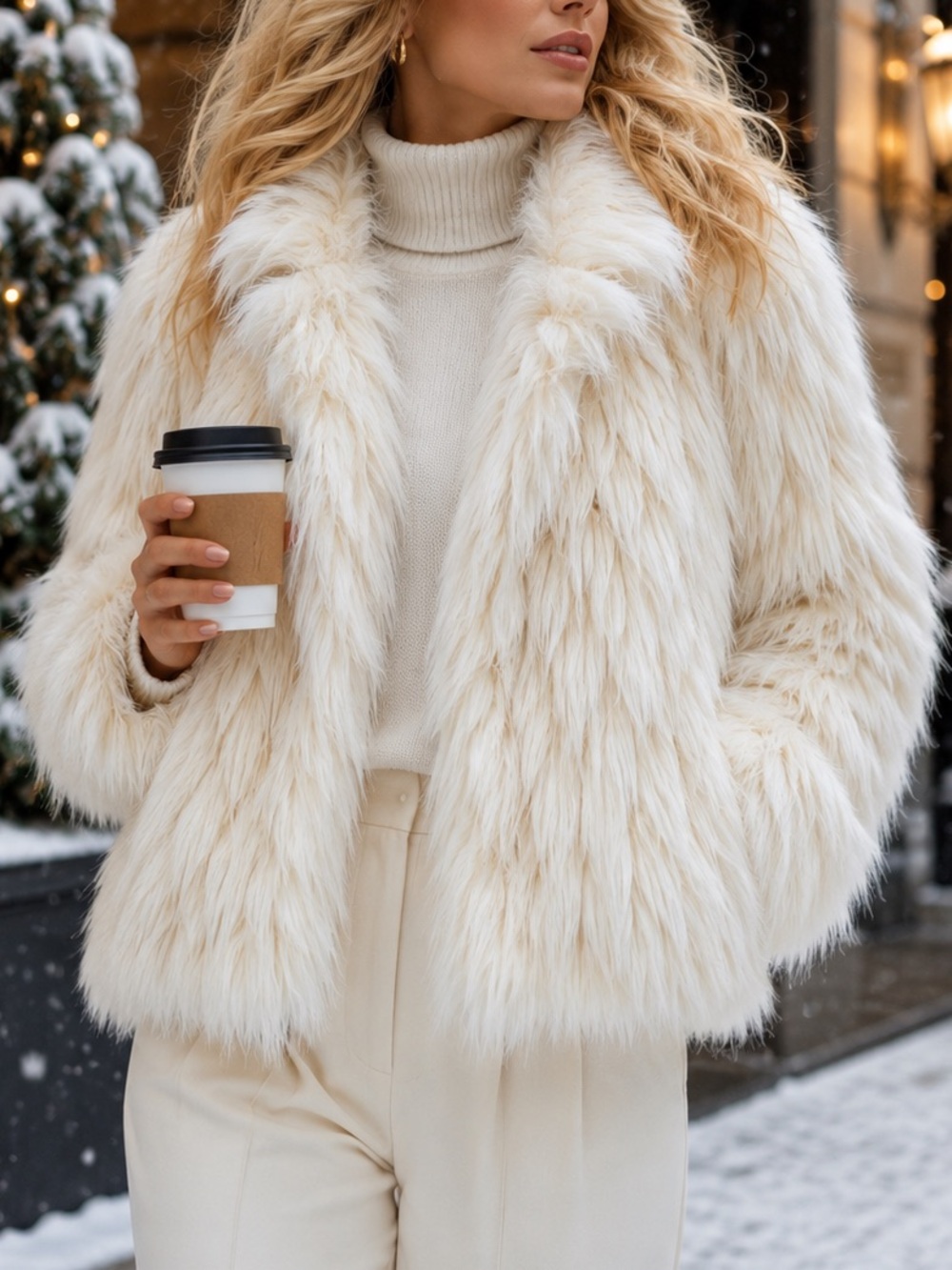 Liz Lange Ivory Faux Fur Jacket Sz L Winter Glam Bridal Mob Wife Statement Coat